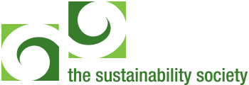 The Sustainability Society logo: a black circular swirl icon to the left and green text 'the sustainability society'.